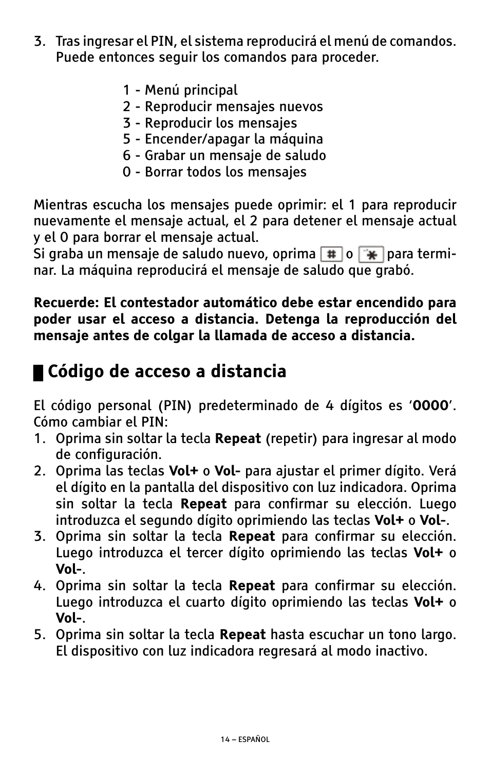 Código de acceso a distancia | ClearSounds ANS3000 User Manual | Page 33 / 57