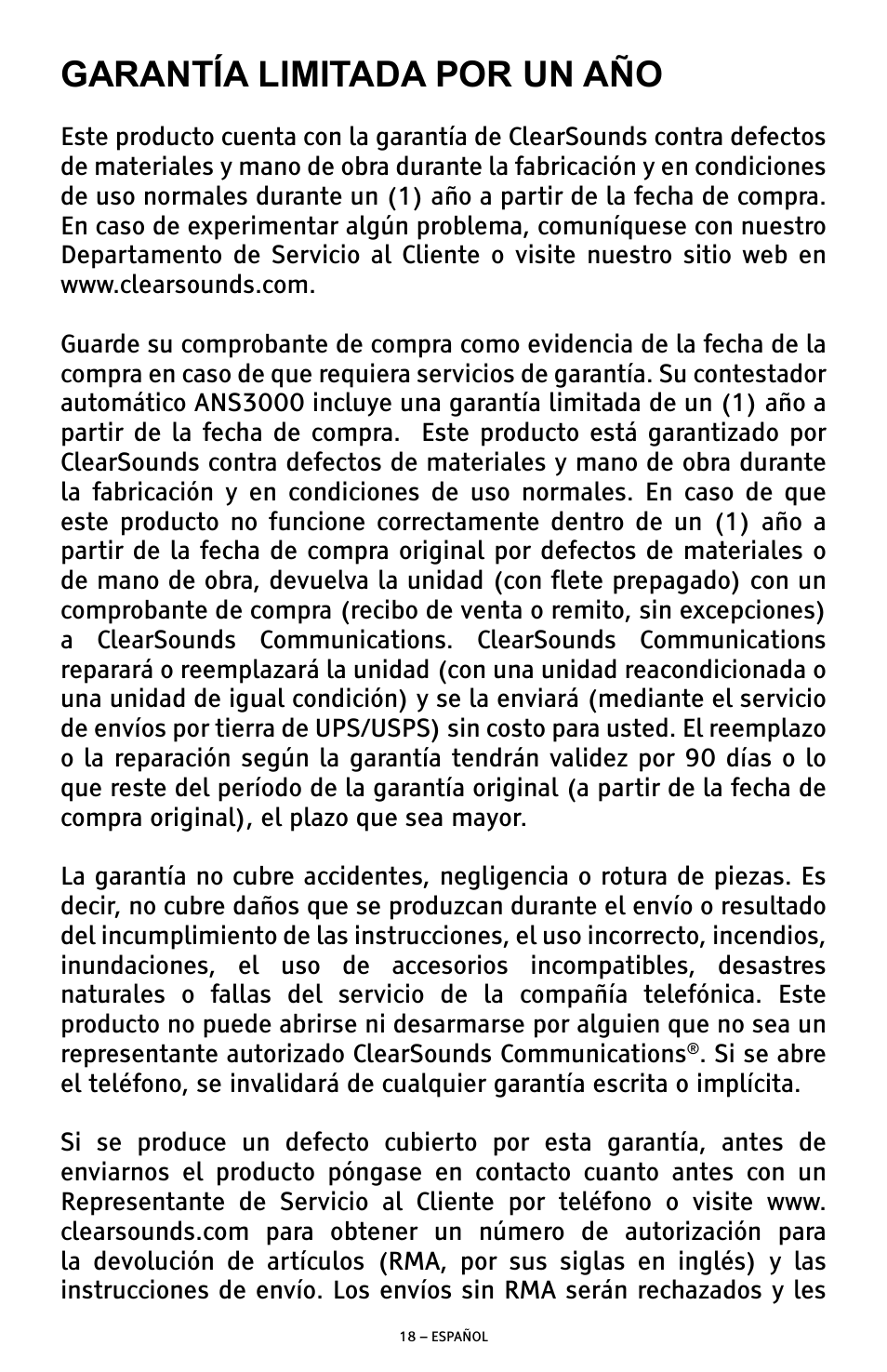 Garantía limitada por un año | ClearSounds ANS3000 User Manual | Page 37 / 57