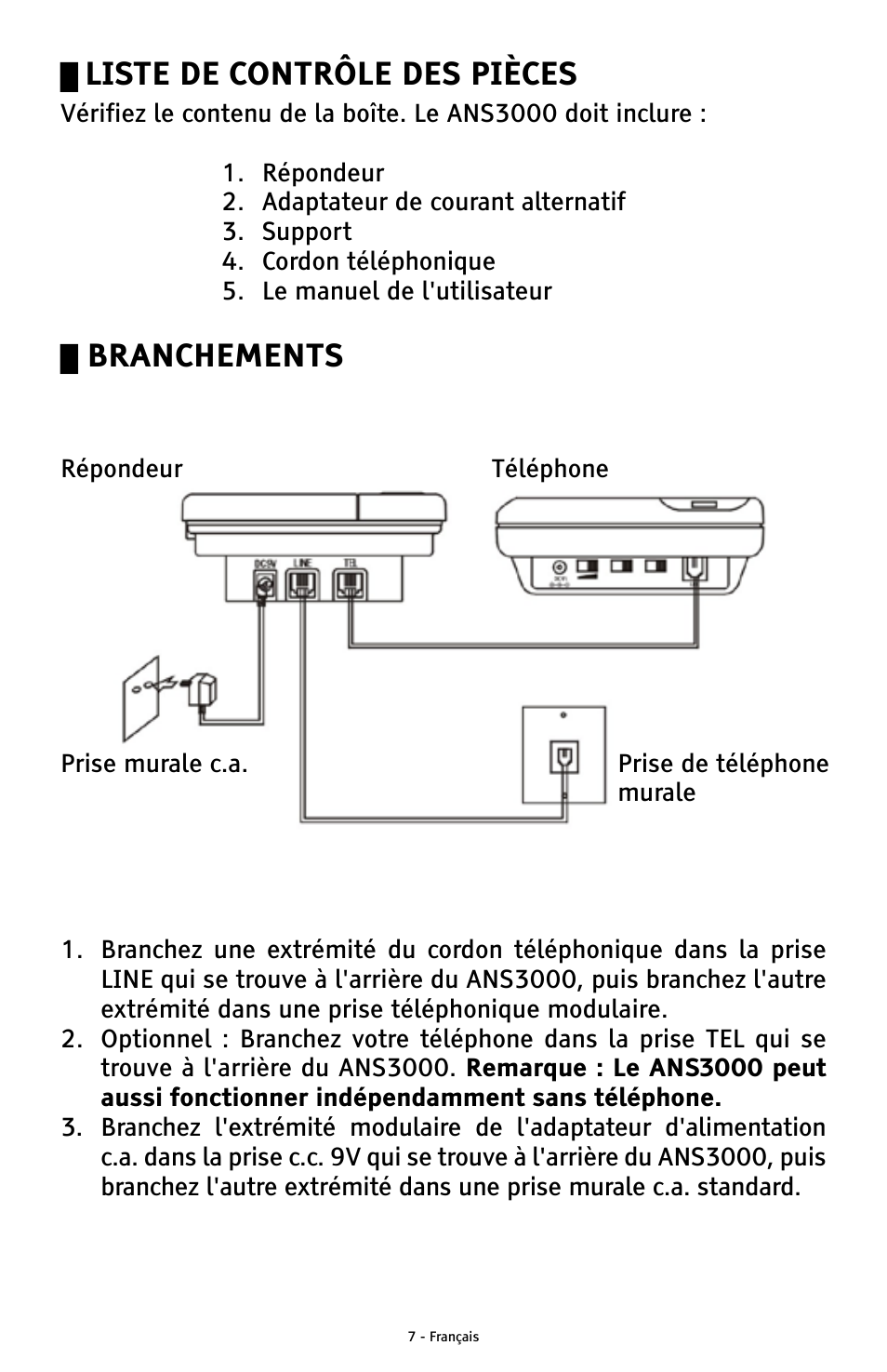 Liste de contrôle des pièces, Branchements | ClearSounds ANS3000 User Manual | Page 45 / 57