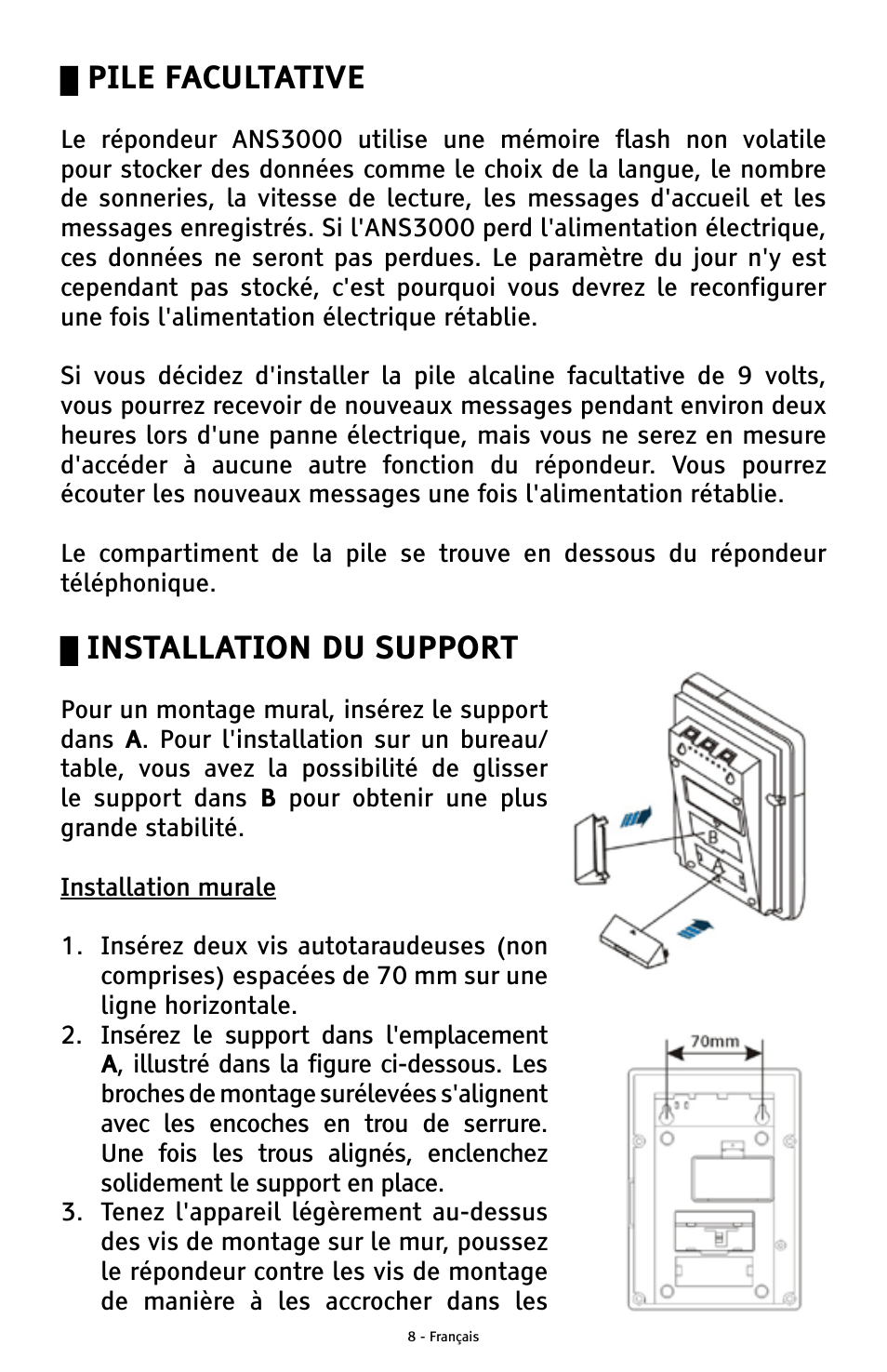 Pile facultative, Installation du support | ClearSounds ANS3000 User Manual | Page 46 / 57