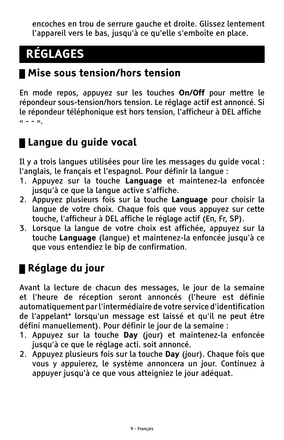 Réglages, Mise sous tension/hors tension, Langue du guide vocal | Réglage du jour | ClearSounds ANS3000 User Manual | Page 47 / 57