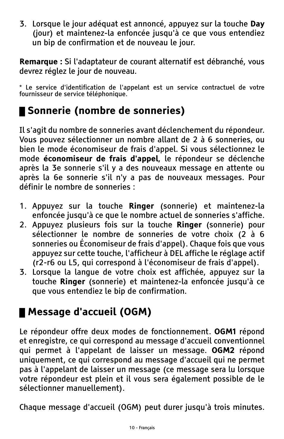 Sonnerie (nombre de sonneries), Message d'accueil (ogm) | ClearSounds ANS3000 User Manual | Page 48 / 57