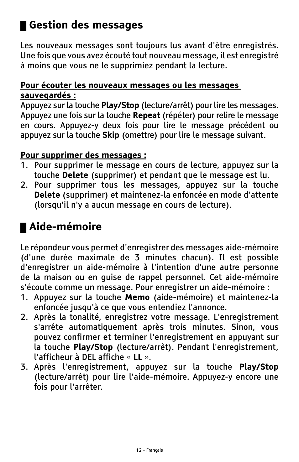 Gestion des messages, Aide-mémoire | ClearSounds ANS3000 User Manual | Page 50 / 57