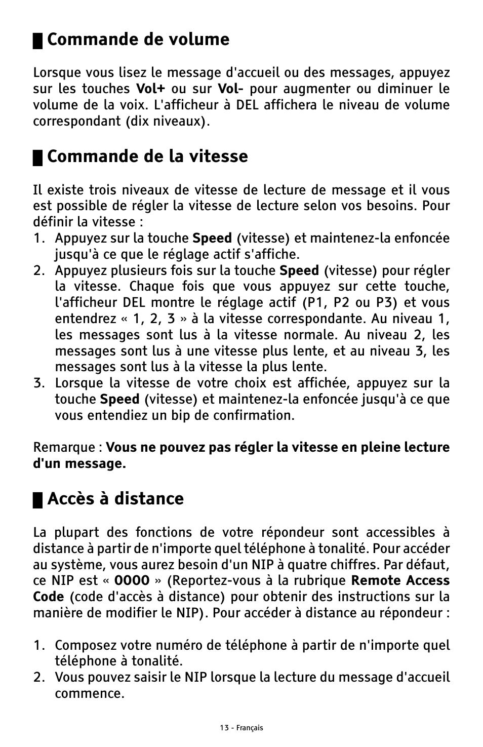 Commande de volume, Commande de la vitesse, Accès à distance | ClearSounds ANS3000 User Manual | Page 51 / 57