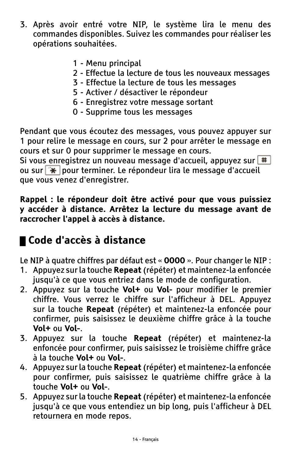 Code d'accès à distance | ClearSounds ANS3000 User Manual | Page 52 / 57