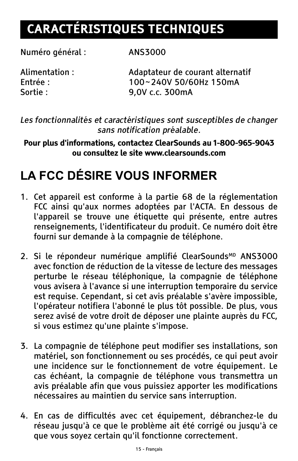 Caractéristiques techniques, La fcc désire vous informer | ClearSounds ANS3000 User Manual | Page 53 / 57