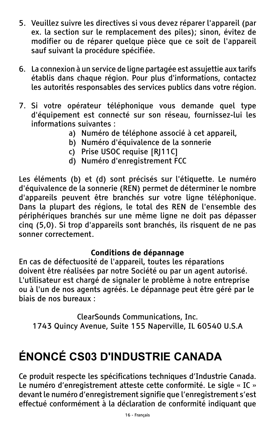 Énoncé cs03 d'industrie canada | ClearSounds ANS3000 User Manual | Page 54 / 57