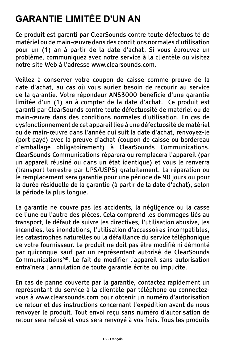 Garantie limitée d'un an | ClearSounds ANS3000 User Manual | Page 56 / 57