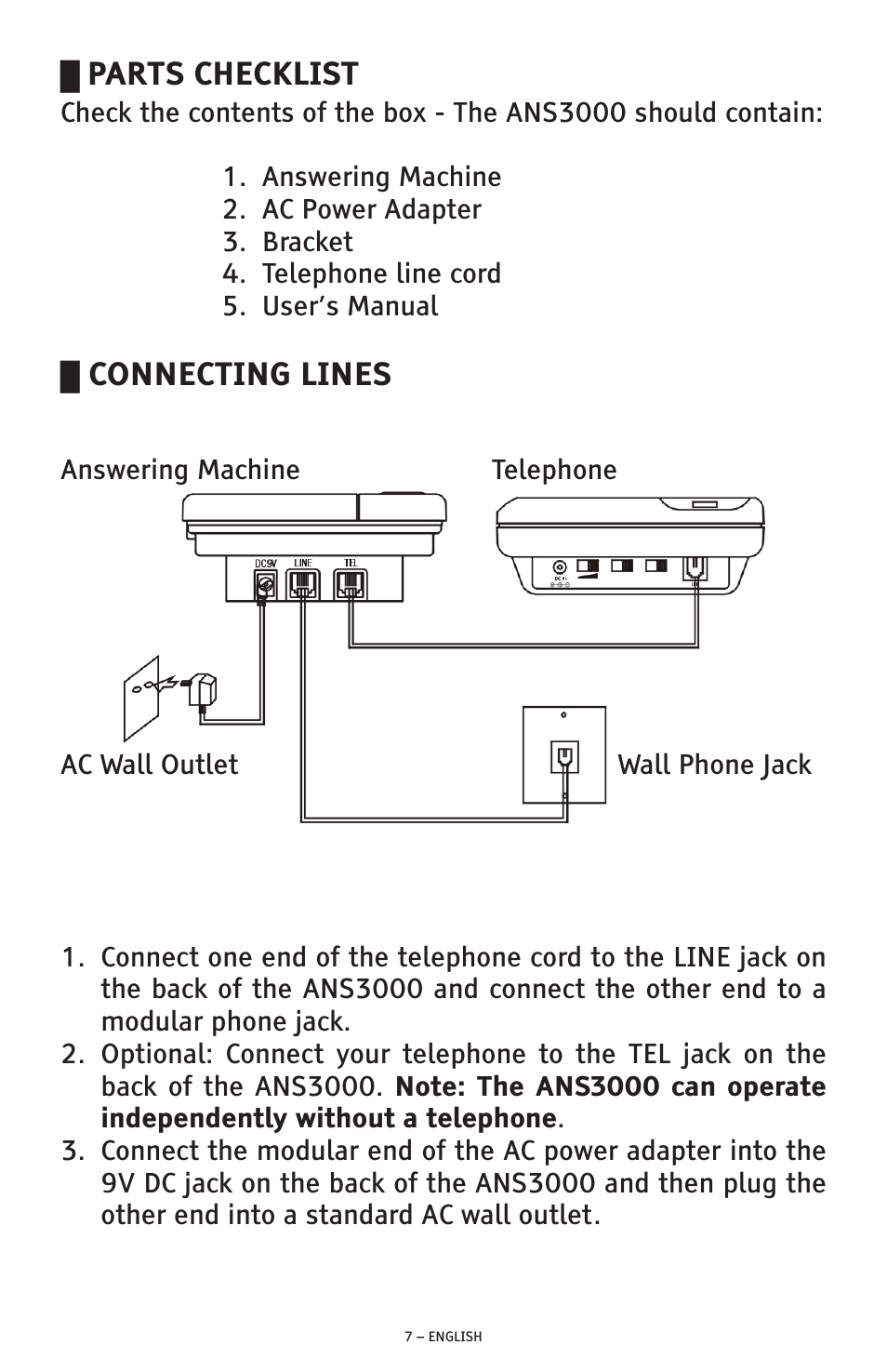 Parts checklist, Connecting lines | ClearSounds ANS3000 User Manual | Page 7 / 57