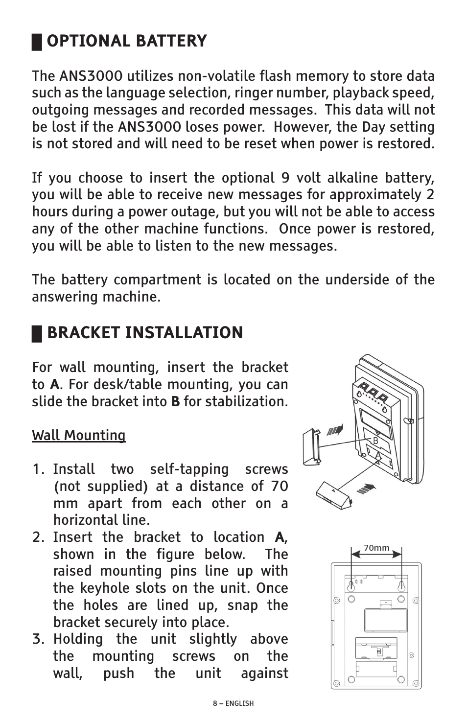 Optional battery, Bracket installation | ClearSounds ANS3000 User Manual | Page 8 / 57