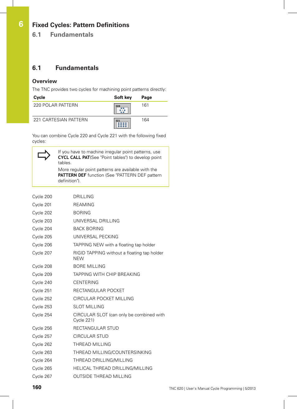 1 fundamentals, Overview, Fundamentals | Fixed cycles: pattern definitions 6.1 fundamentals | HEIDENHAIN TNC 620 (34056x-04) Cycle programming User Manual | Page 160 / 468