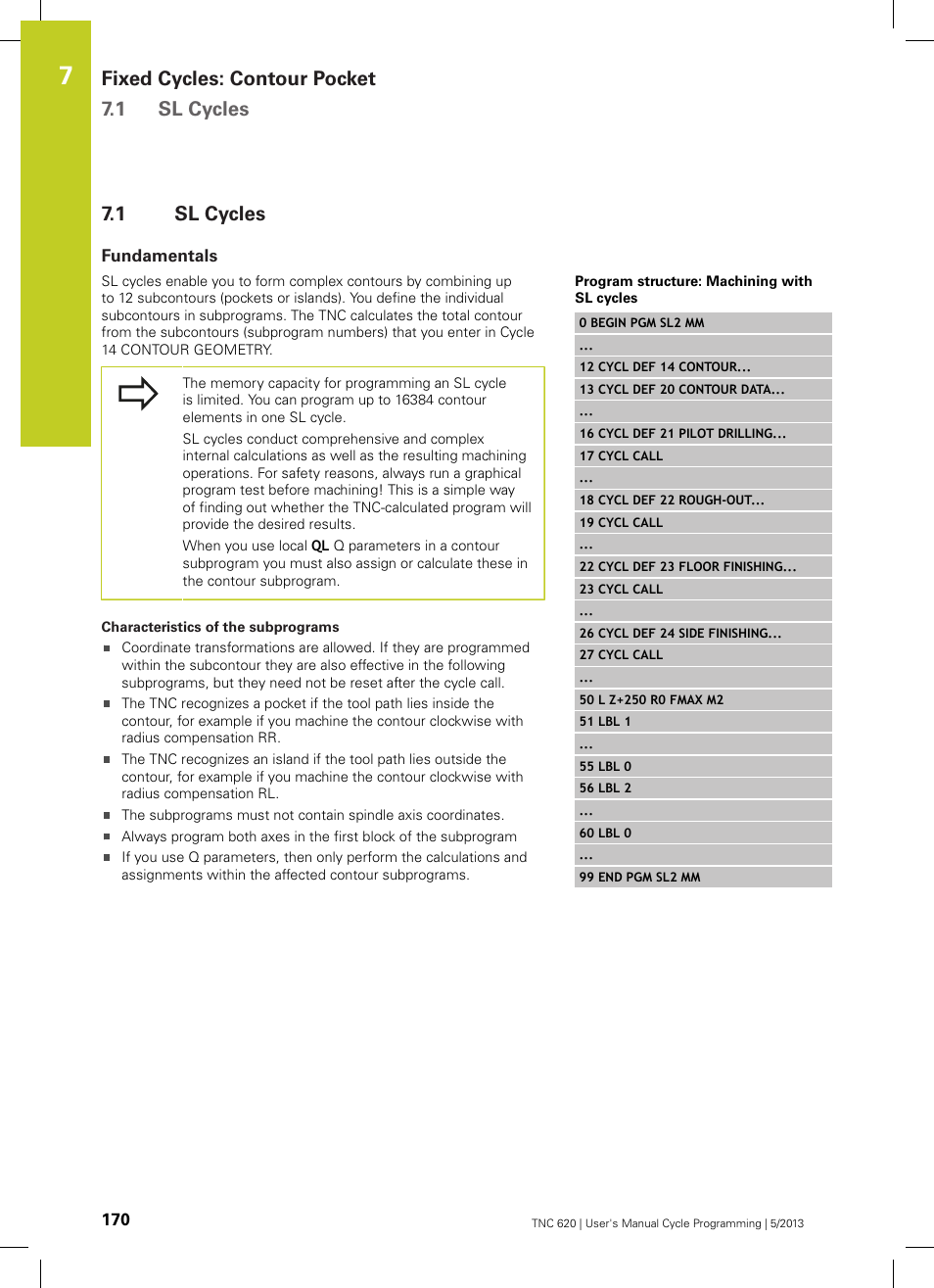 1 sl cycles, Fundamentals, Sl cycles | Fixed cycles: contour pocket 7.1 sl cycles | HEIDENHAIN TNC 620 (34056x-04) Cycle programming User Manual | Page 170 / 468