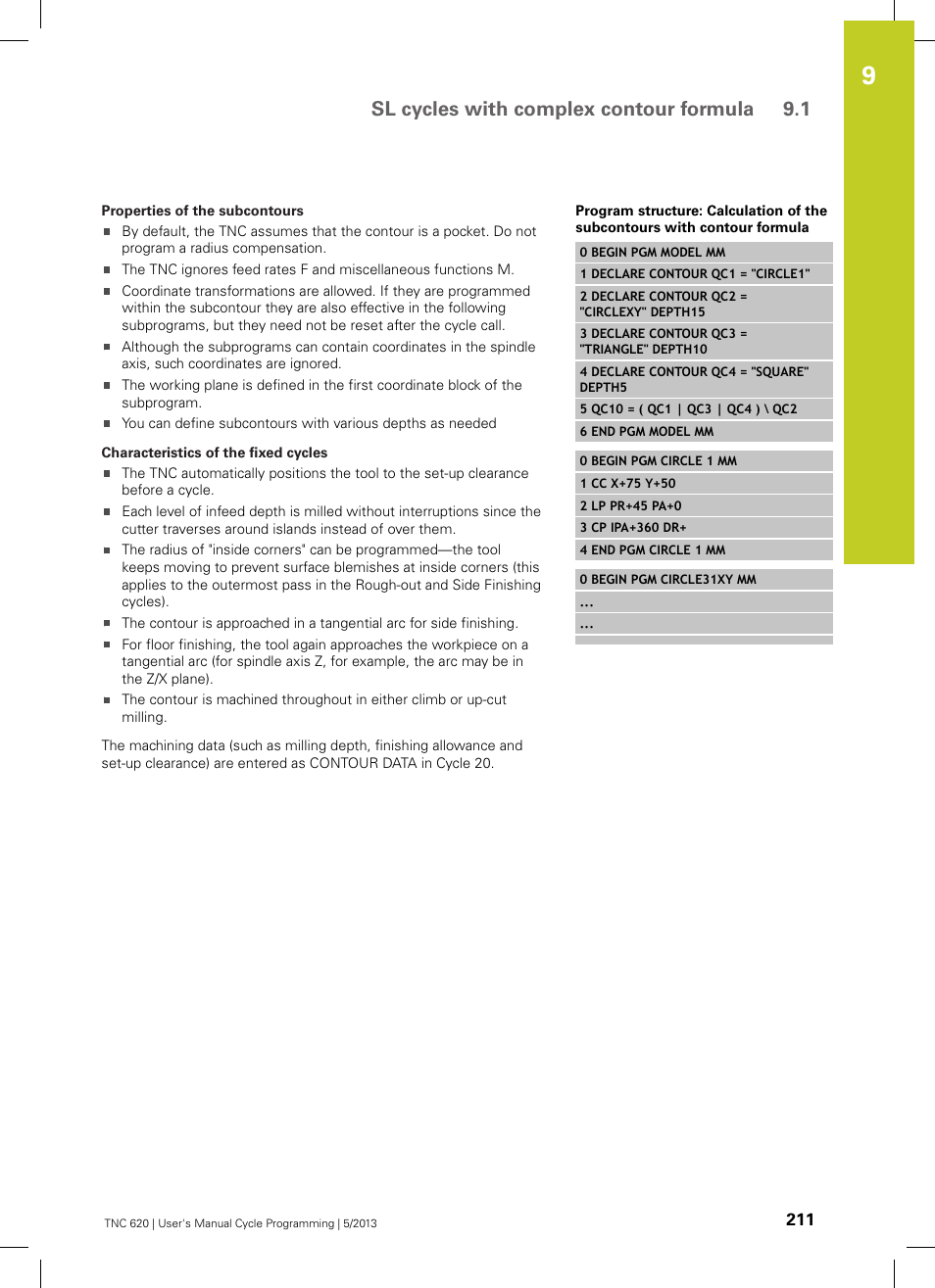 Sl cycles with complex contour formula 9.1 | HEIDENHAIN TNC 620 (34056x-04) Cycle programming User Manual | Page 211 / 468