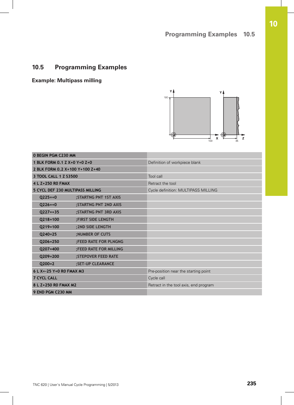 5 programming examples, Example: multipass milling, Programming examples | Programming examples 10.5 | HEIDENHAIN TNC 620 (34056x-04) Cycle programming User Manual | Page 235 / 468