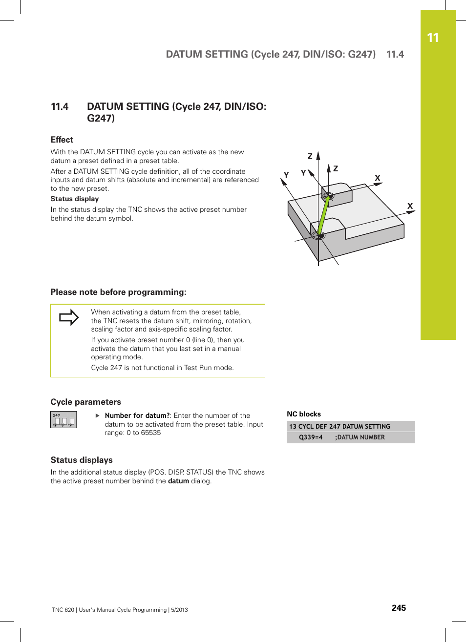 4 datum setting (cycle 247, din/iso: g247), Effect, Please note before programming | Cycle parameters, Status displays, Datum setting (cycle 247, din/iso: g247) | HEIDENHAIN TNC 620 (34056x-04) Cycle programming User Manual | Page 245 / 468