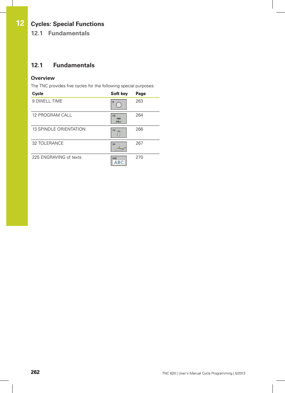 1 fundamentals, Overview, Fundamentals | Cycles: special functions 12.1 fundamentals | HEIDENHAIN TNC 620 (34056x-04) Cycle programming User Manual | Page 262 / 468