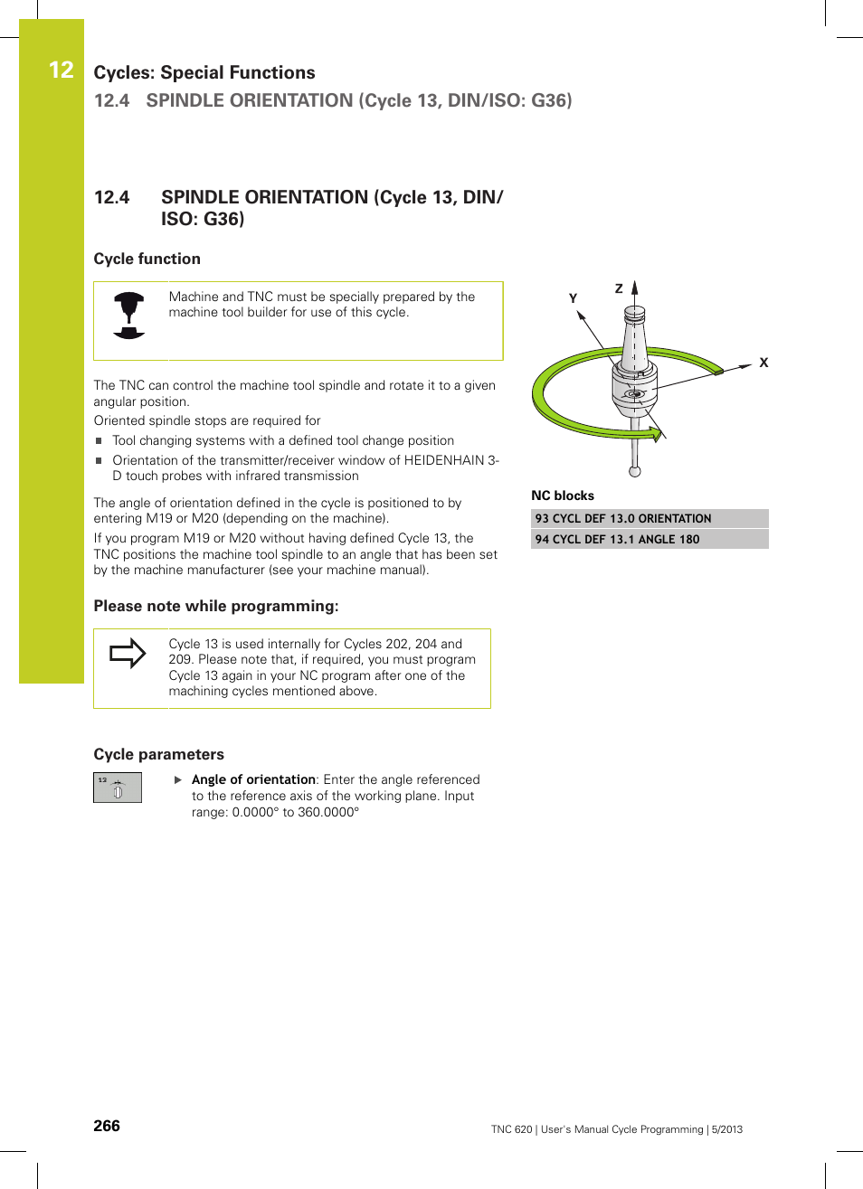 4 spindle orientation (cycle 13, din/iso: g36), Cycle function, Please note while programming | Cycle parameters, Spindle orientation (cycle 13, din/iso: g36) | HEIDENHAIN TNC 620 (34056x-04) Cycle programming User Manual | Page 266 / 468