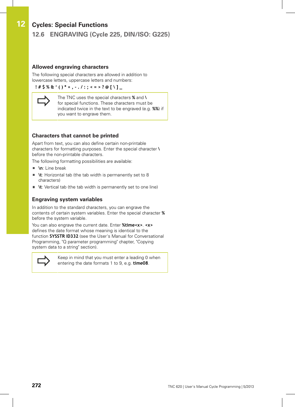 Allowed engraving characters, Characters that cannot be printed, Engraving system variables | HEIDENHAIN TNC 620 (34056x-04) Cycle programming User Manual | Page 272 / 468