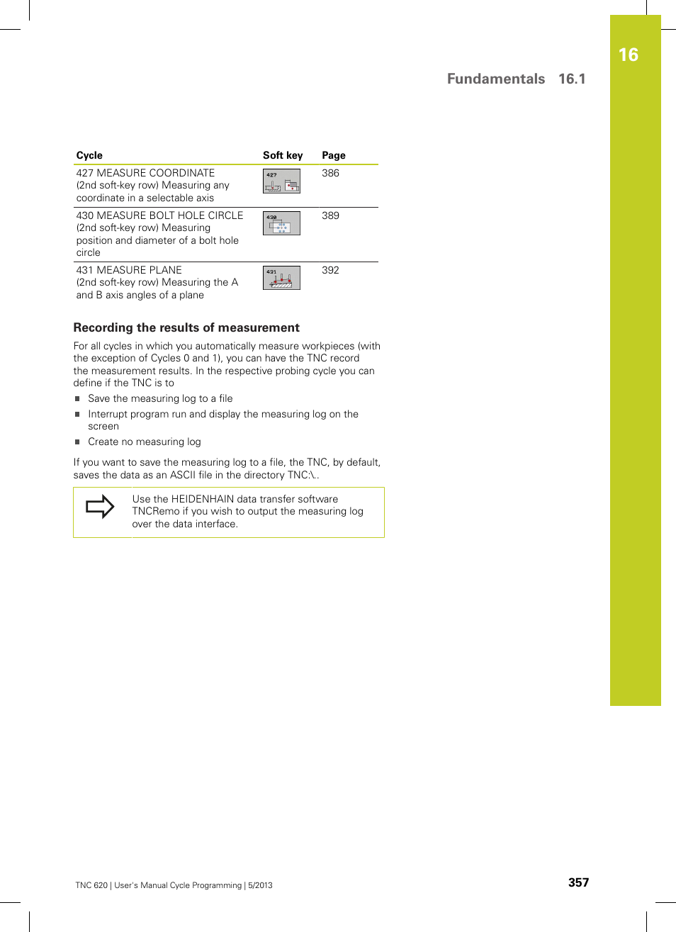 Recording the results of measurement, Fundamentals 16.1 | HEIDENHAIN TNC 620 (34056x-04) Cycle programming User Manual | Page 357 / 468