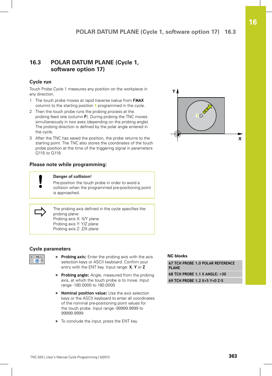 3 polar datum plane (cycle 1, software option 17), Cycle run, Please note while programming | Cycle parameters, Polar datum plane (cycle 1, software option 17) | HEIDENHAIN TNC 620 (34056x-04) Cycle programming User Manual | Page 363 / 468