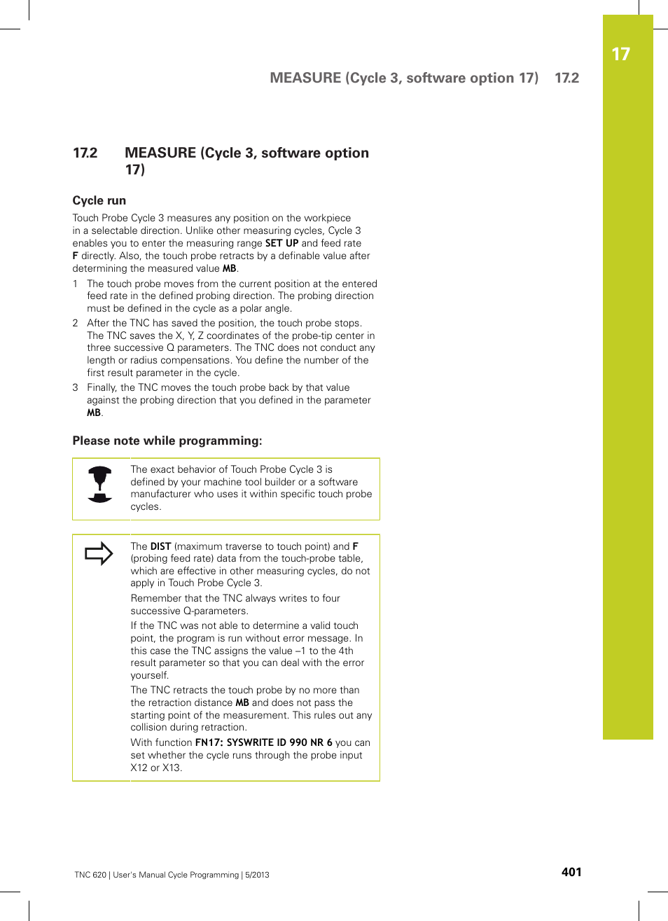 2 measure (cycle 3, software option 17), Cycle run, Please note while programming | Measure (cycle 3, software option 17) | HEIDENHAIN TNC 620 (34056x-04) Cycle programming User Manual | Page 401 / 468