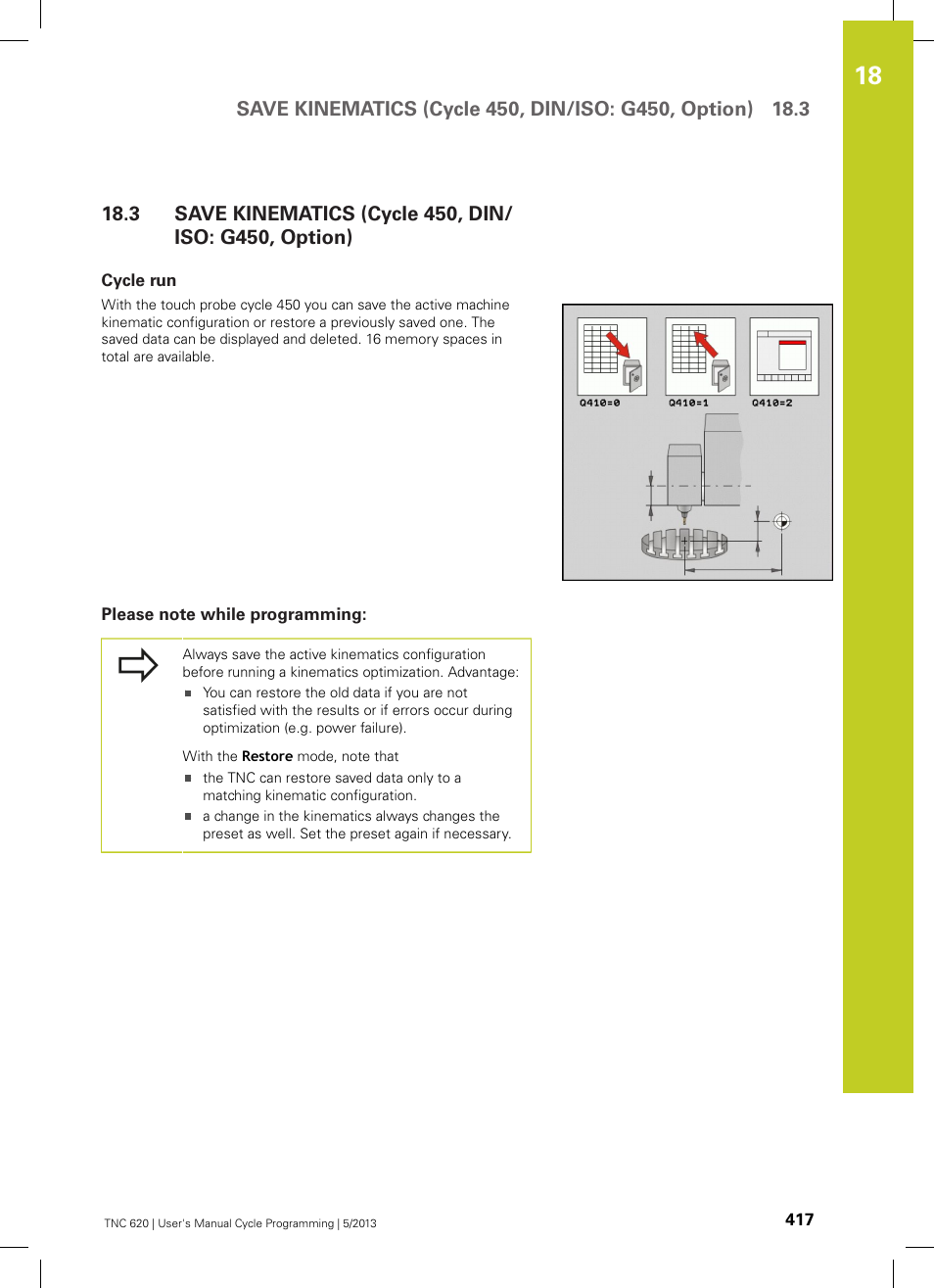 Cycle run, Please note while programming, Save kinematics (cycle 450, din/iso: g450, option) | HEIDENHAIN TNC 620 (34056x-04) Cycle programming User Manual | Page 417 / 468