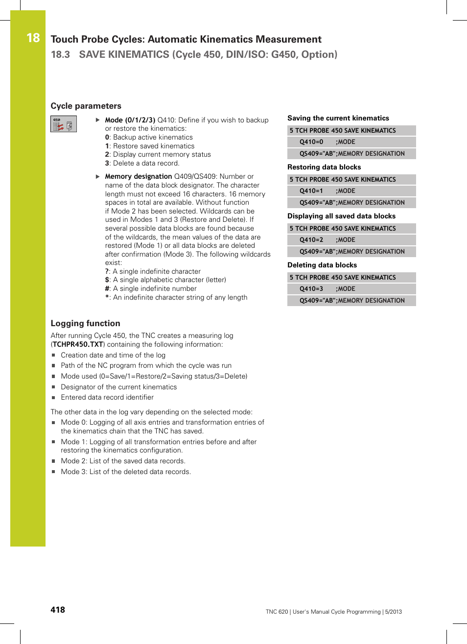 Cycle parameters, Logging function | HEIDENHAIN TNC 620 (34056x-04) Cycle programming User Manual | Page 418 / 468