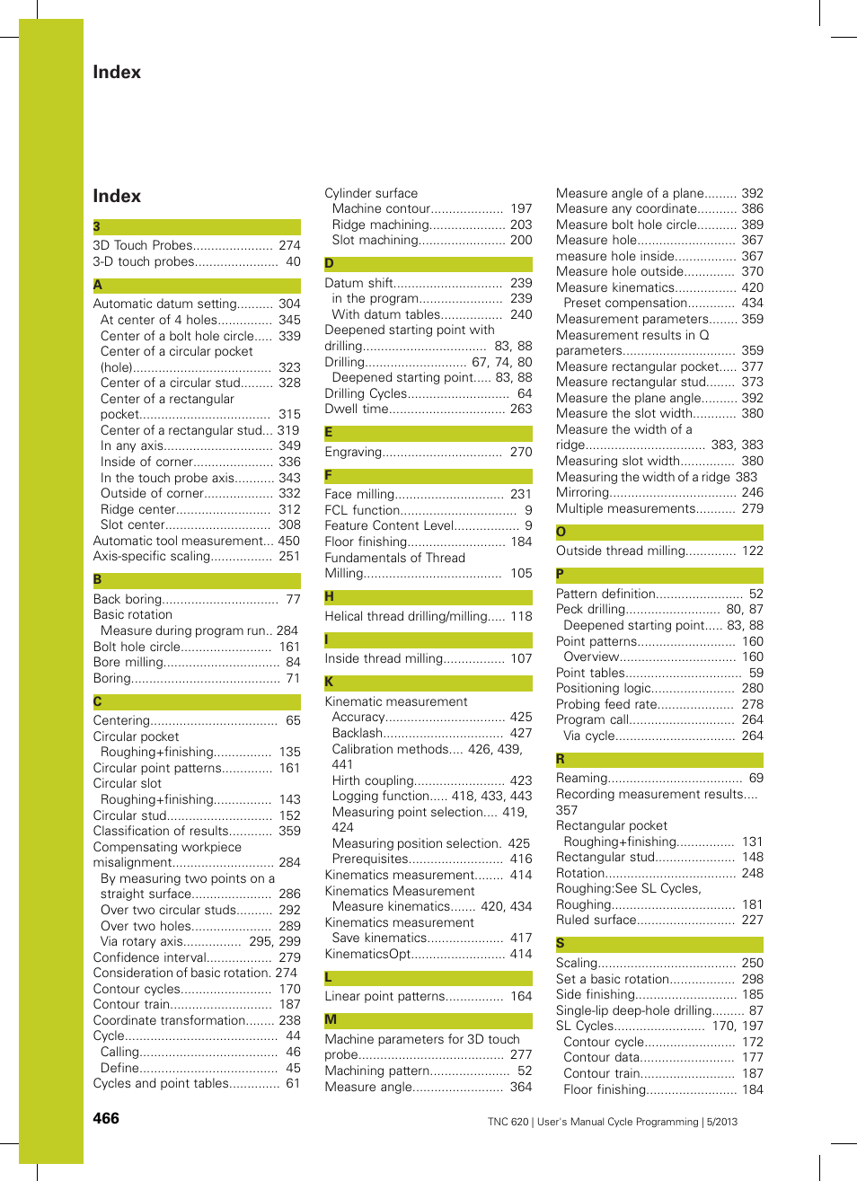 Index | HEIDENHAIN TNC 620 (34056x-04) Cycle programming User Manual | Page 466 / 468