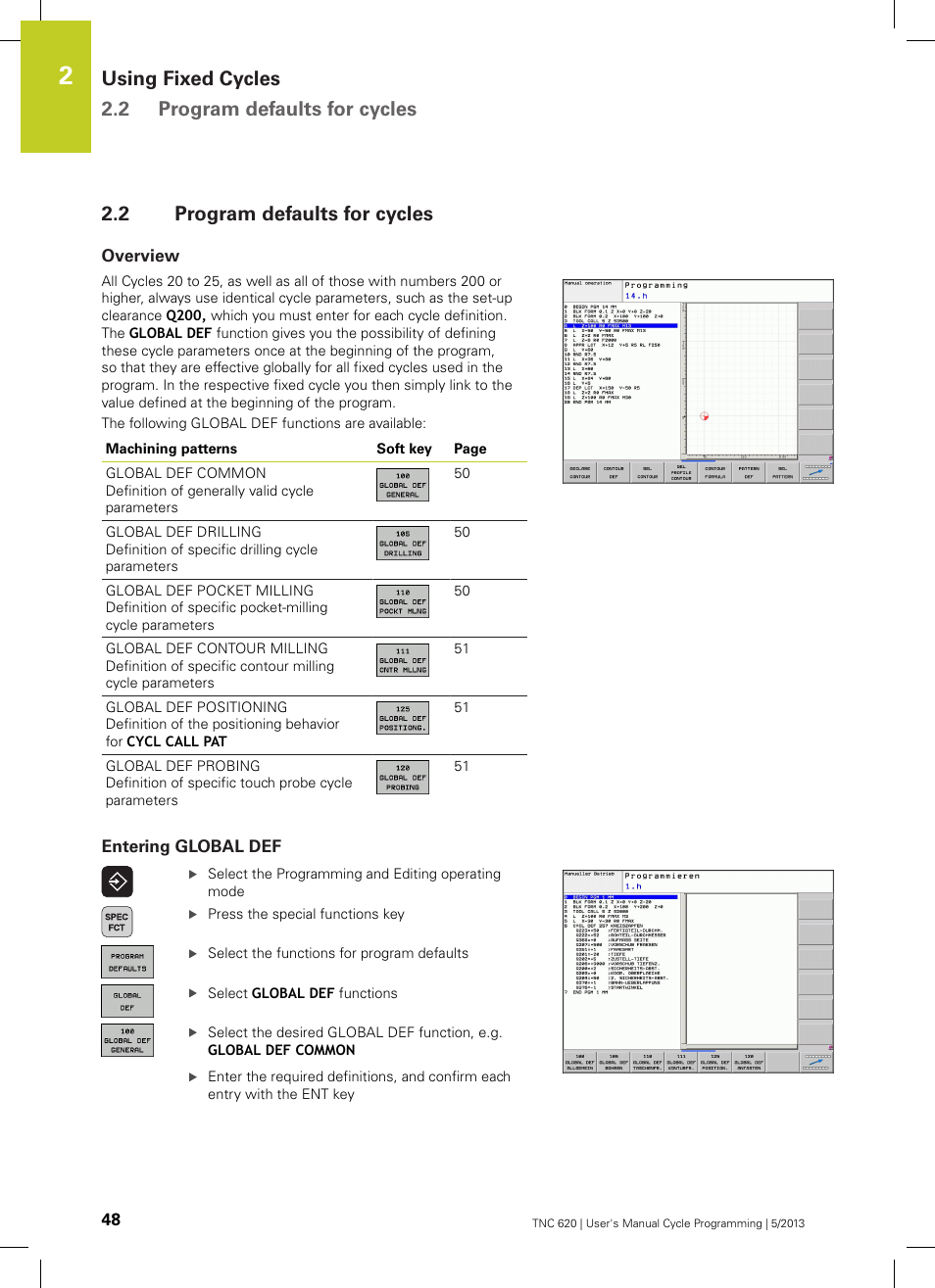 2 program defaults for cycles, Overview, Entering global def | Program defaults for cycles, Using fixed cycles 2.2 program defaults for cycles | HEIDENHAIN TNC 620 (34056x-04) Cycle programming User Manual | Page 48 / 468