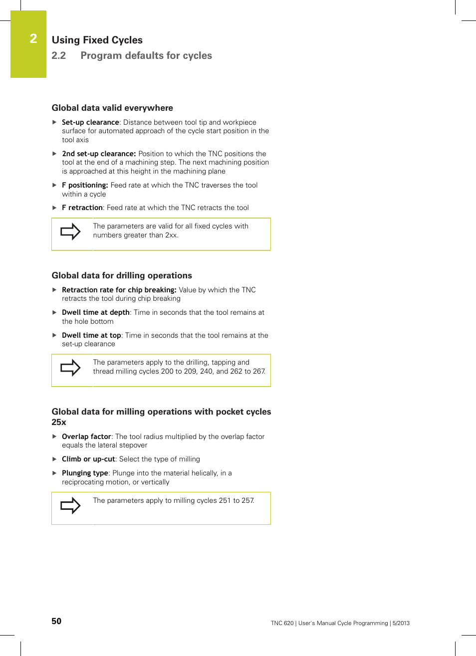 Global data valid everywhere, Global data for drilling operations, Using fixed cycles 2.2 program defaults for cycles | HEIDENHAIN TNC 620 (34056x-04) Cycle programming User Manual | Page 50 / 468