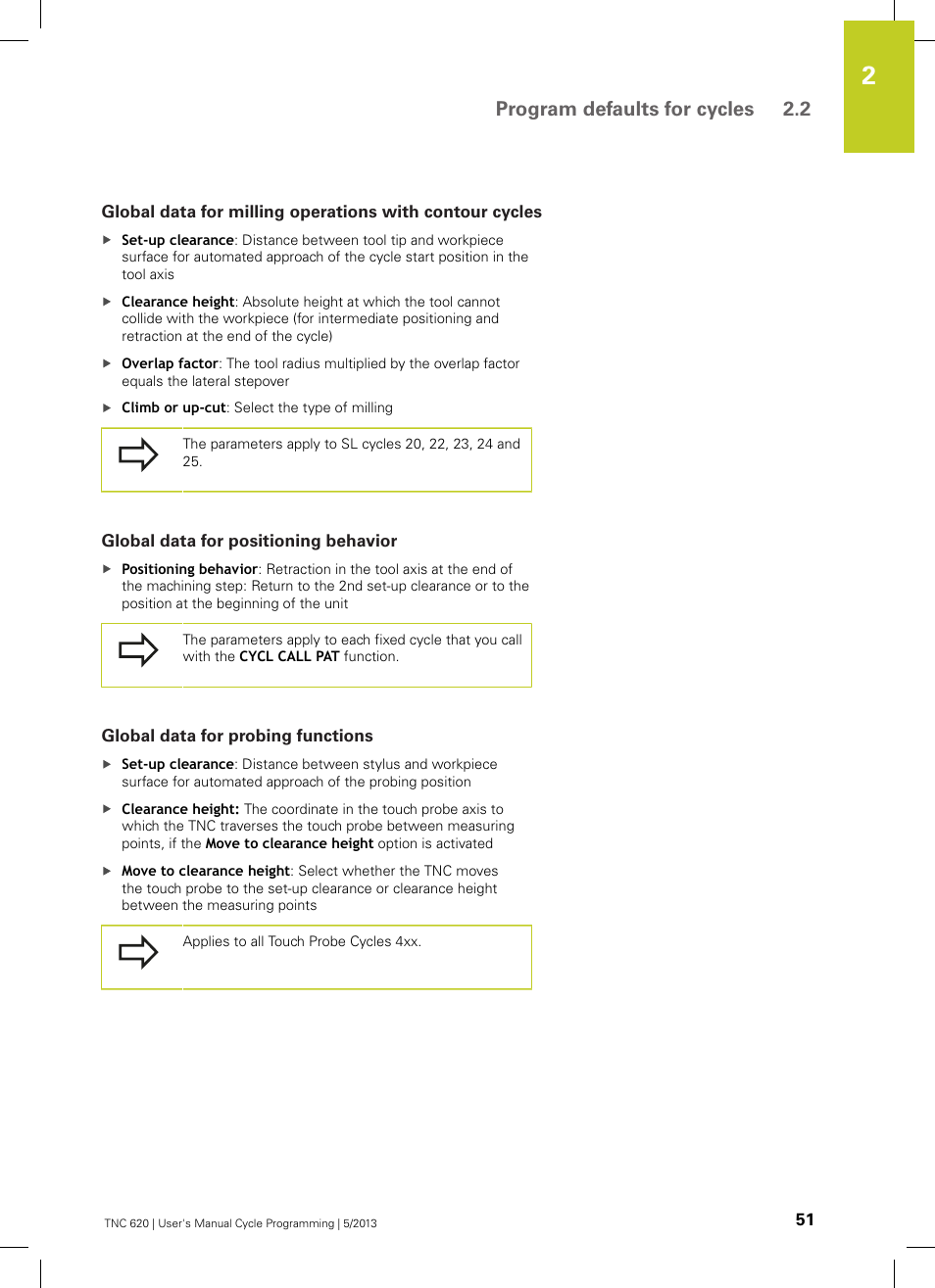 Global data for positioning behavior, Global data for probing functions, Program defaults for cycles 2.2 | HEIDENHAIN TNC 620 (34056x-04) Cycle programming User Manual | Page 51 / 468