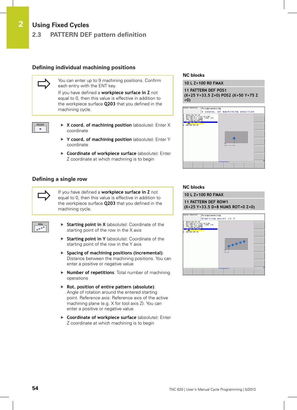 Defining individual machining positions, Defining a single row | HEIDENHAIN TNC 620 (34056x-04) Cycle programming User Manual | Page 54 / 468
