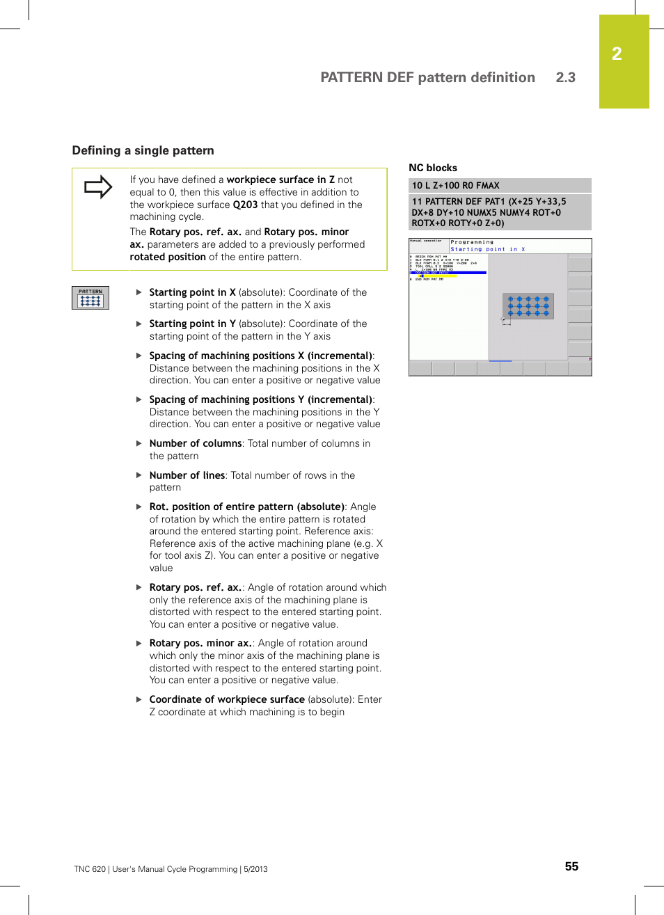 Defining a single pattern, Pattern def pattern definition 2.3 | HEIDENHAIN TNC 620 (34056x-04) Cycle programming User Manual | Page 55 / 468