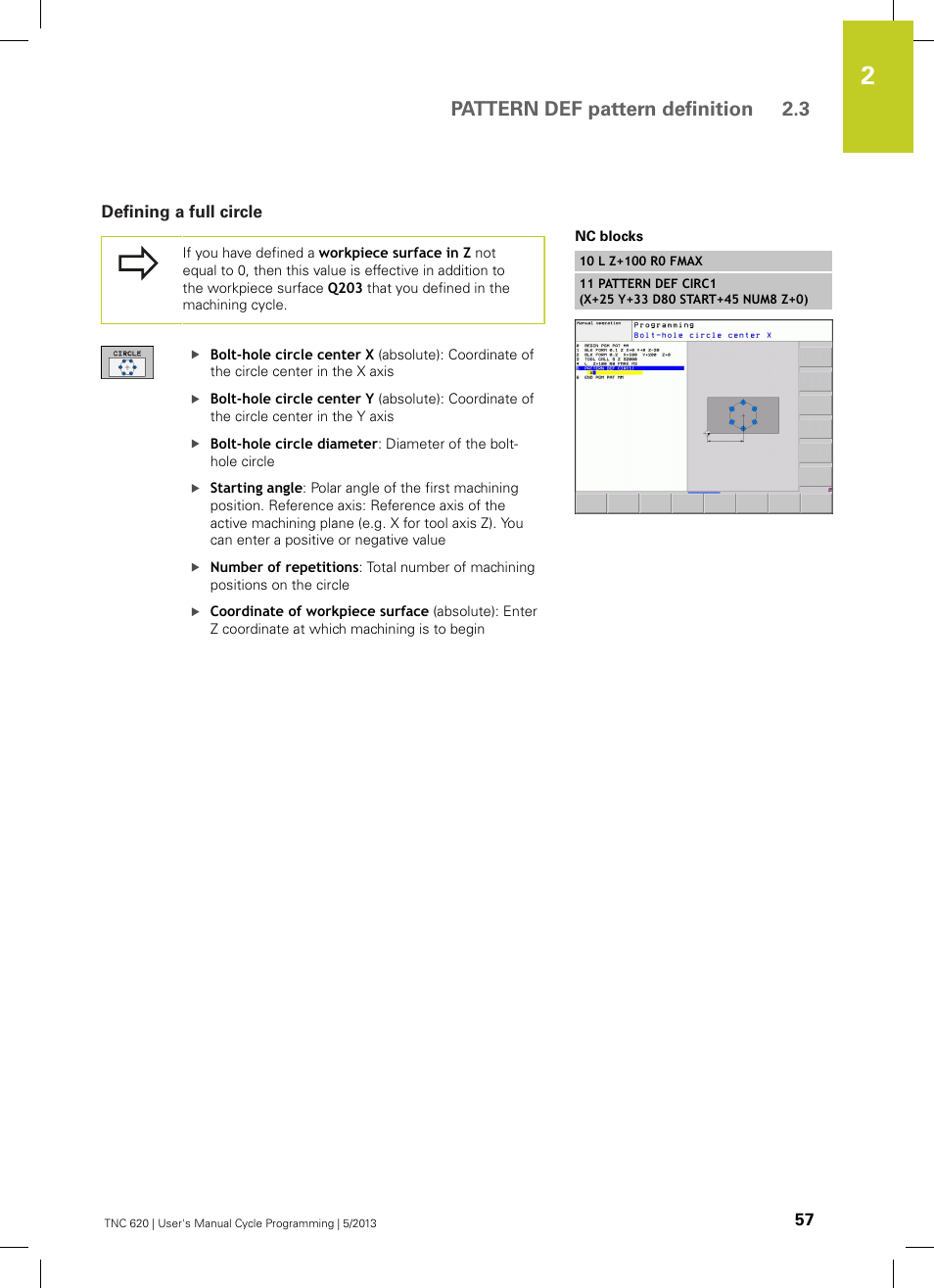 Defining a full circle, Pattern def pattern definition 2.3 | HEIDENHAIN TNC 620 (34056x-04) Cycle programming User Manual | Page 57 / 468