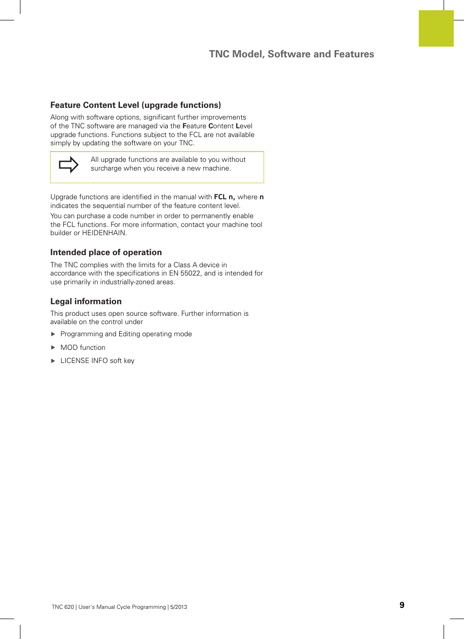 Feature content level (upgrade functions), Intended place of operation, Legal information | Tnc model, software and features | HEIDENHAIN TNC 620 (34056x-04) Cycle programming User Manual | Page 9 / 468