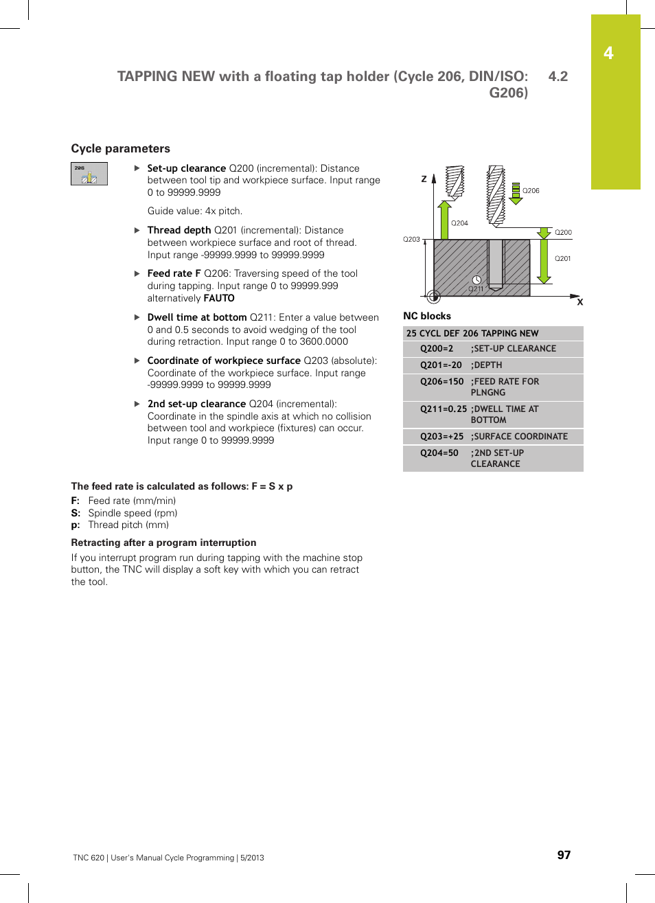 Cycle parameters, The feed rate is calculated as follows: f = s x p, Retracting after a program interruption | HEIDENHAIN TNC 620 (34056x-04) Cycle programming User Manual | Page 97 / 468