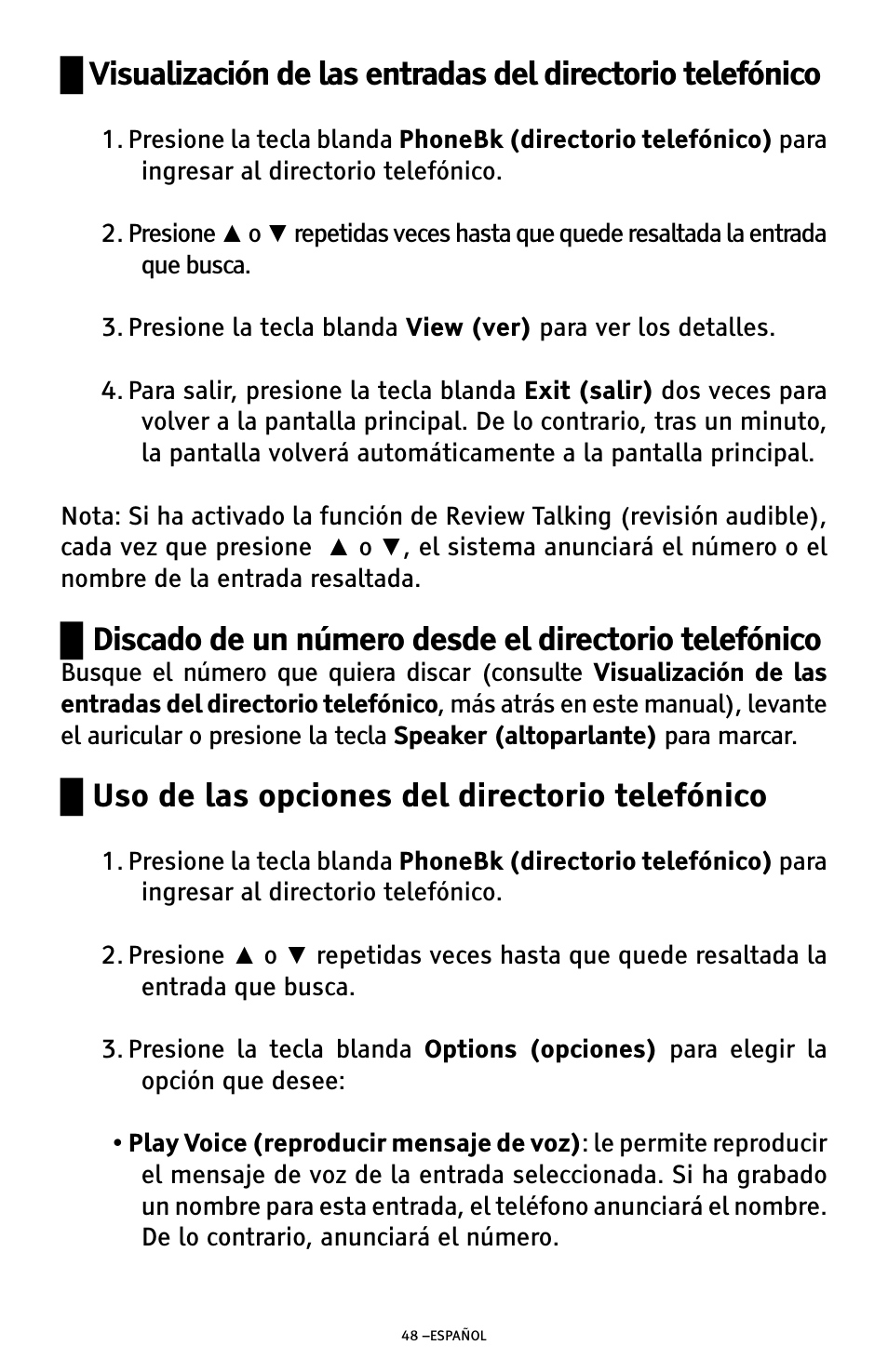 Ű uso de las opciones del directorio telefónico | ClearSounds AMPLIFIED FREEDOM PHONE WITH FULL CLEARDIGITAL POWER CSC1000 User Manual | Page 108 / 180