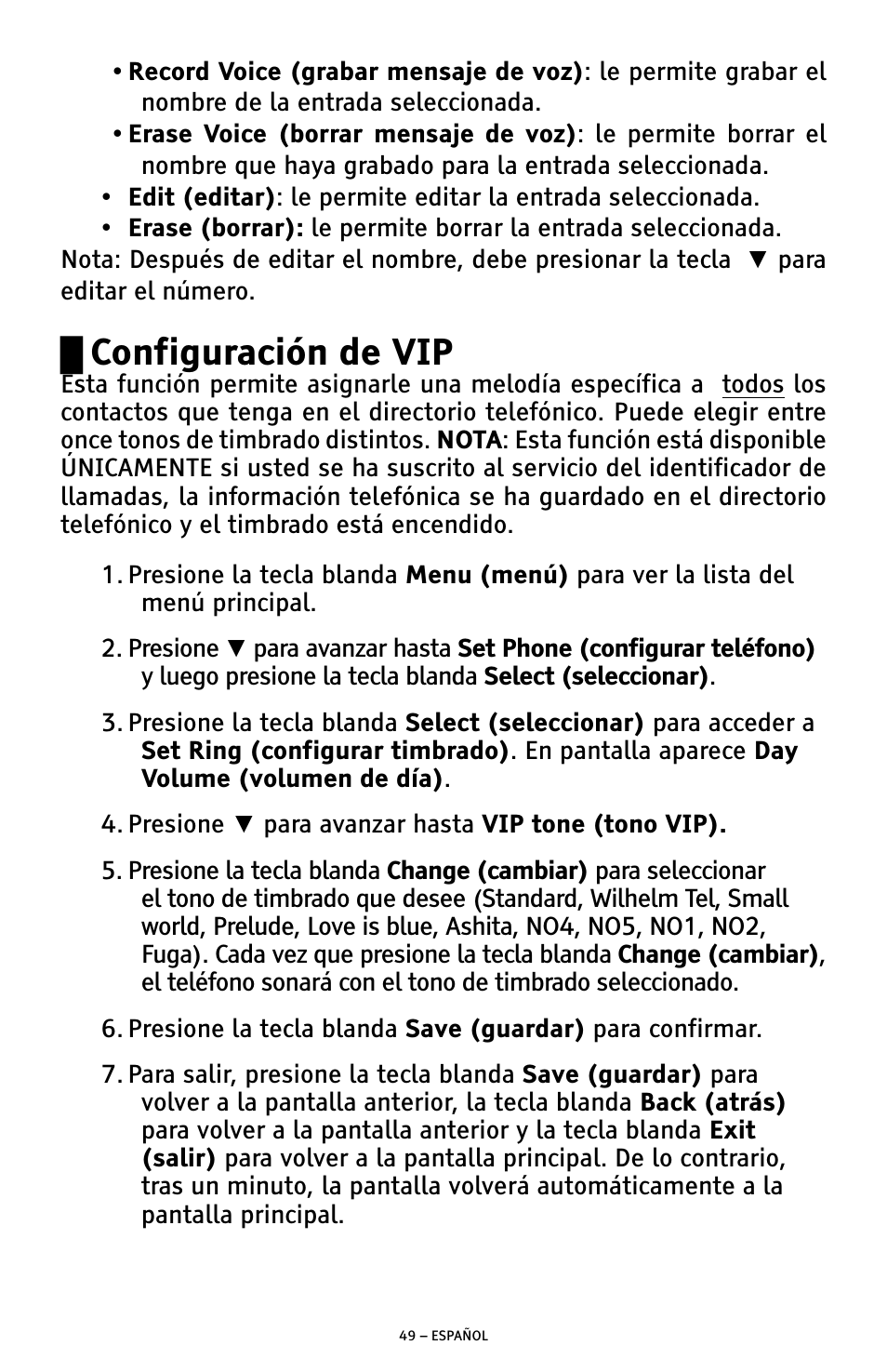 Configuración de vip | ClearSounds AMPLIFIED FREEDOM PHONE WITH FULL CLEARDIGITAL POWER CSC1000 User Manual | Page 109 / 180
