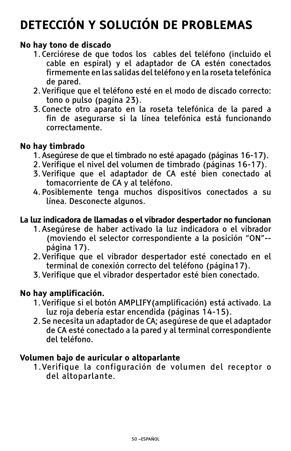 Detección y solución de problemas | ClearSounds AMPLIFIED FREEDOM PHONE WITH FULL CLEARDIGITAL POWER CSC1000 User Manual | Page 110 / 180