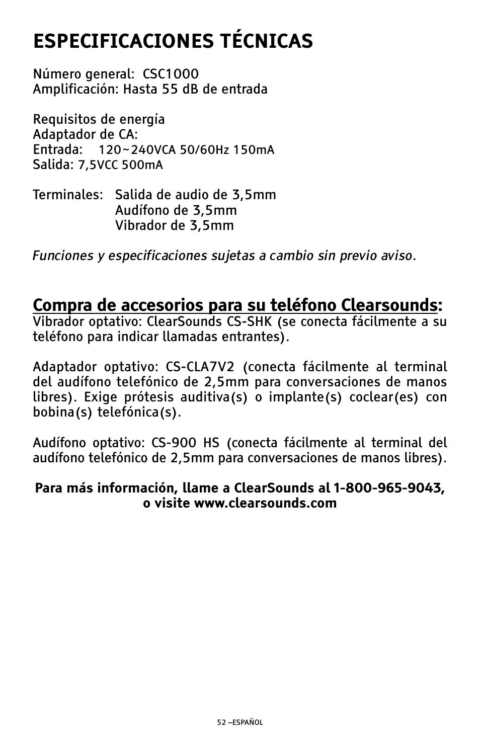 Especificaciones técnicas, Compra de accesorios para su teléfono clearsounds | ClearSounds AMPLIFIED FREEDOM PHONE WITH FULL CLEARDIGITAL POWER CSC1000 User Manual | Page 112 / 180