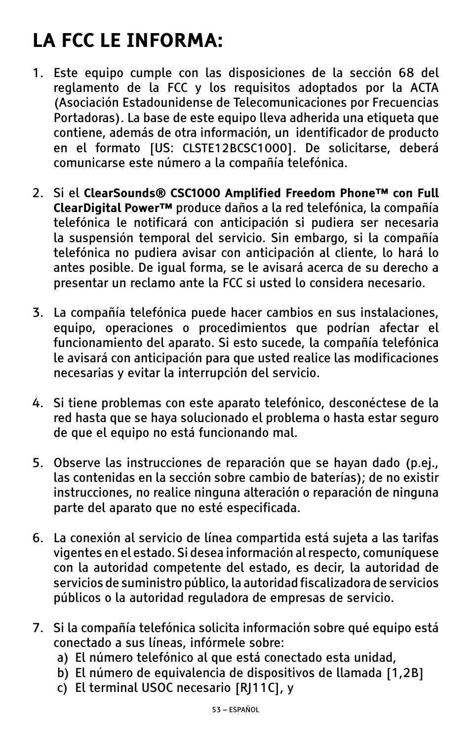 La fcc le informa | ClearSounds AMPLIFIED FREEDOM PHONE WITH FULL CLEARDIGITAL POWER CSC1000 User Manual | Page 113 / 180