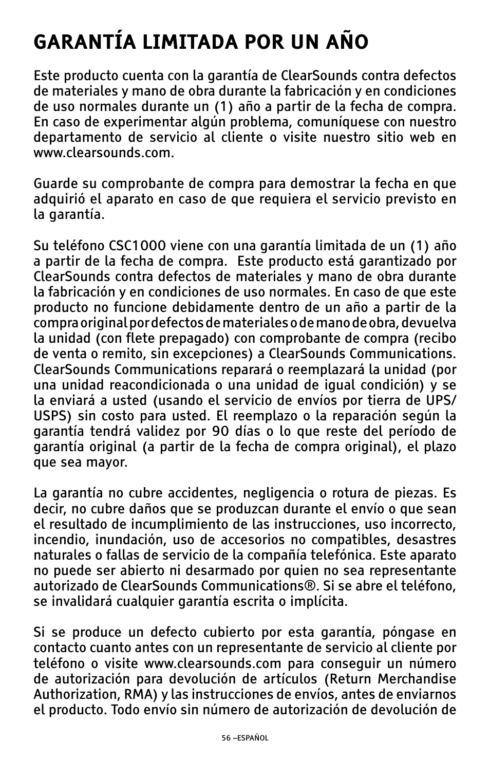 Garantía limitada por un año | ClearSounds AMPLIFIED FREEDOM PHONE WITH FULL CLEARDIGITAL POWER CSC1000 User Manual | Page 116 / 180