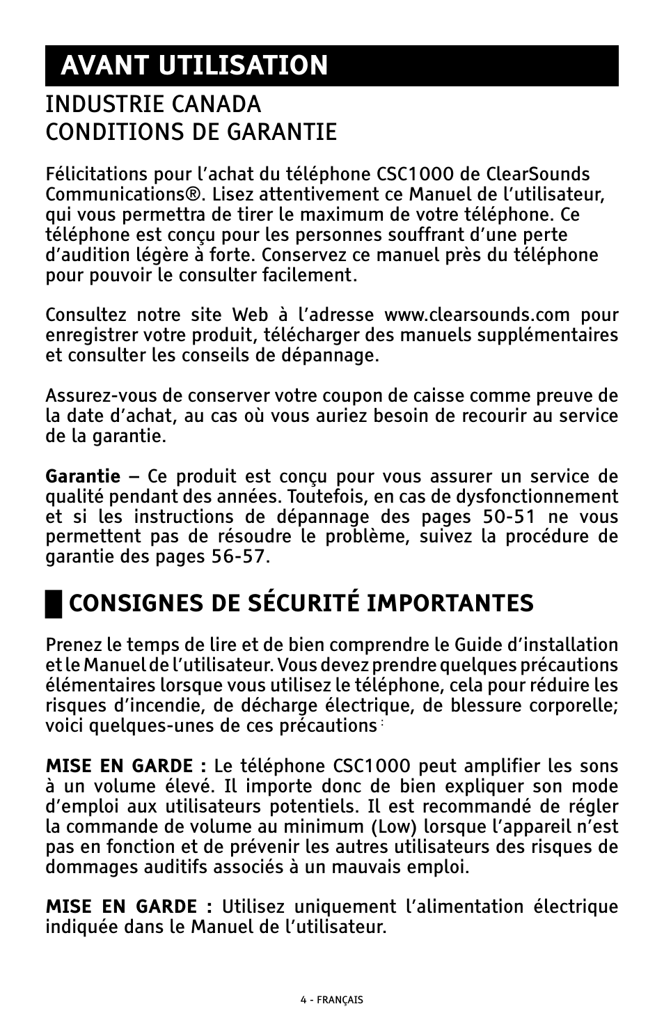 Avant utilisation, Industrie canada conditions de garantie, Ű consignes de sécurité importantes | ClearSounds AMPLIFIED FREEDOM PHONE WITH FULL CLEARDIGITAL POWER CSC1000 User Manual | Page 124 / 180