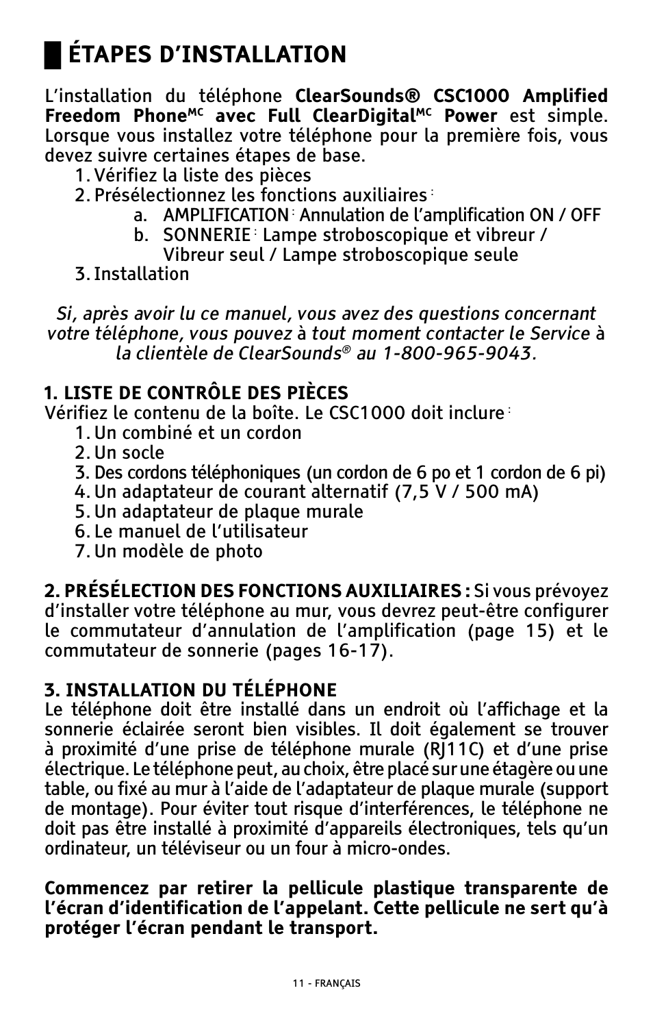 Ű étapes d’installation | ClearSounds AMPLIFIED FREEDOM PHONE WITH FULL CLEARDIGITAL POWER CSC1000 User Manual | Page 131 / 180