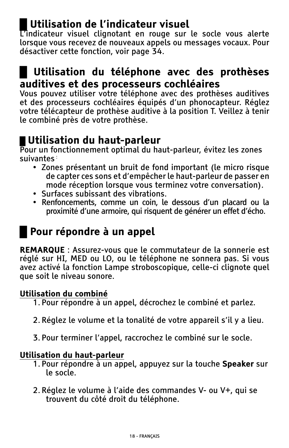 Ű utilisation de l’indicateur visuel, Utilisation du haut-parleur, Ű pour répondre à un appel | ClearSounds AMPLIFIED FREEDOM PHONE WITH FULL CLEARDIGITAL POWER CSC1000 User Manual | Page 138 / 180