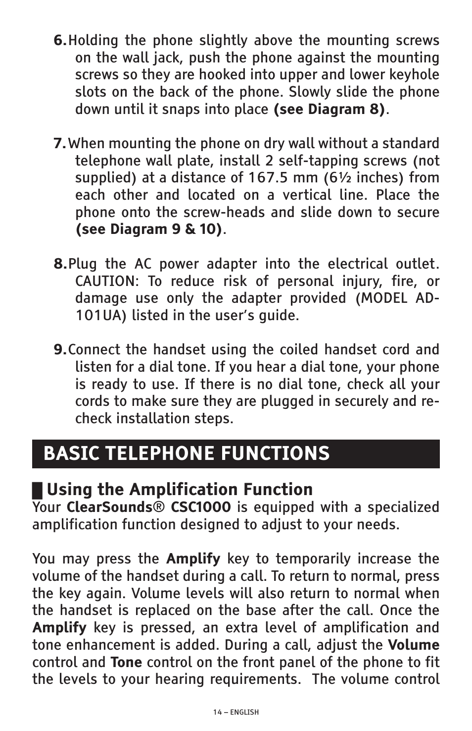 Basic telephone functions, Using the amplification function | ClearSounds AMPLIFIED FREEDOM PHONE WITH FULL CLEARDIGITAL POWER CSC1000 User Manual | Page 14 / 180