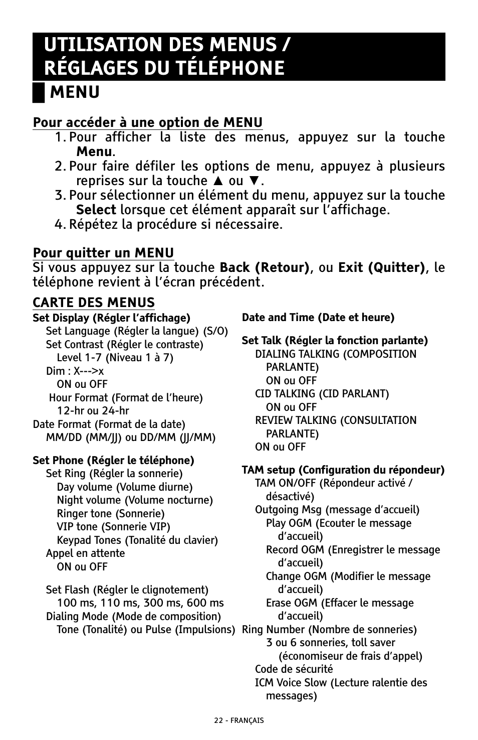 Utilisation des menus / réglages du téléphone, Ű menu | ClearSounds AMPLIFIED FREEDOM PHONE WITH FULL CLEARDIGITAL POWER CSC1000 User Manual | Page 142 / 180