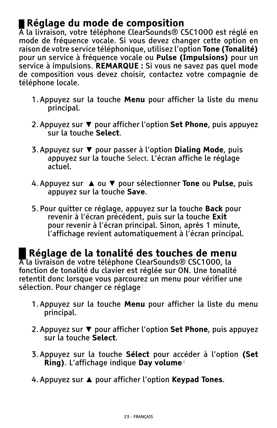 Réglage du mode de composition, Ű réglage de la tonalité des touches de menu | ClearSounds AMPLIFIED FREEDOM PHONE WITH FULL CLEARDIGITAL POWER CSC1000 User Manual | Page 143 / 180