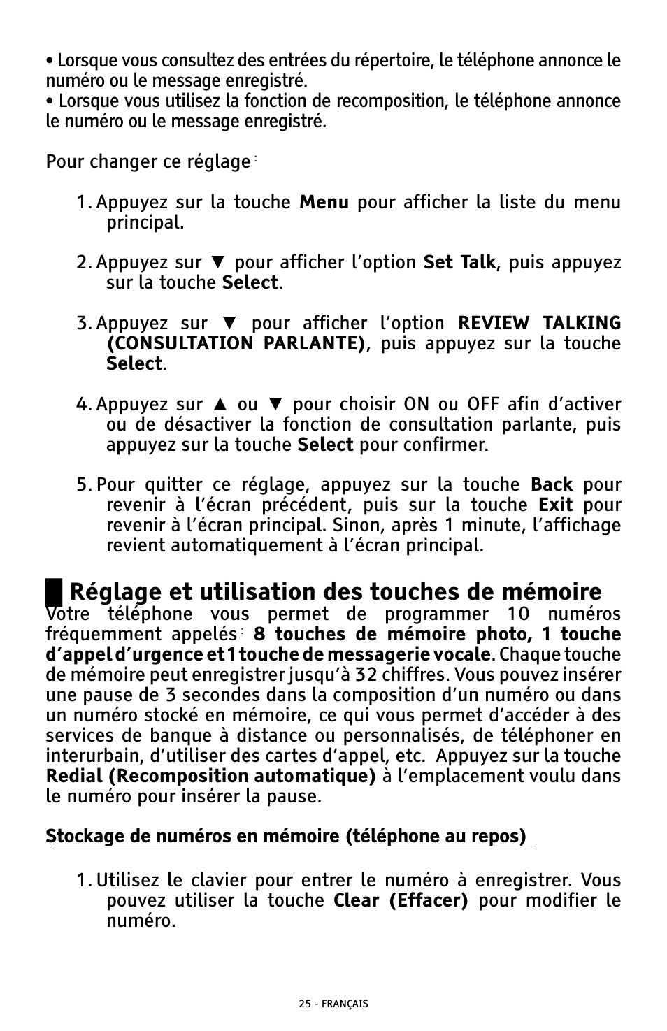Ű réglage et utilisation des touches de mémoire | ClearSounds AMPLIFIED FREEDOM PHONE WITH FULL CLEARDIGITAL POWER CSC1000 User Manual | Page 145 / 180