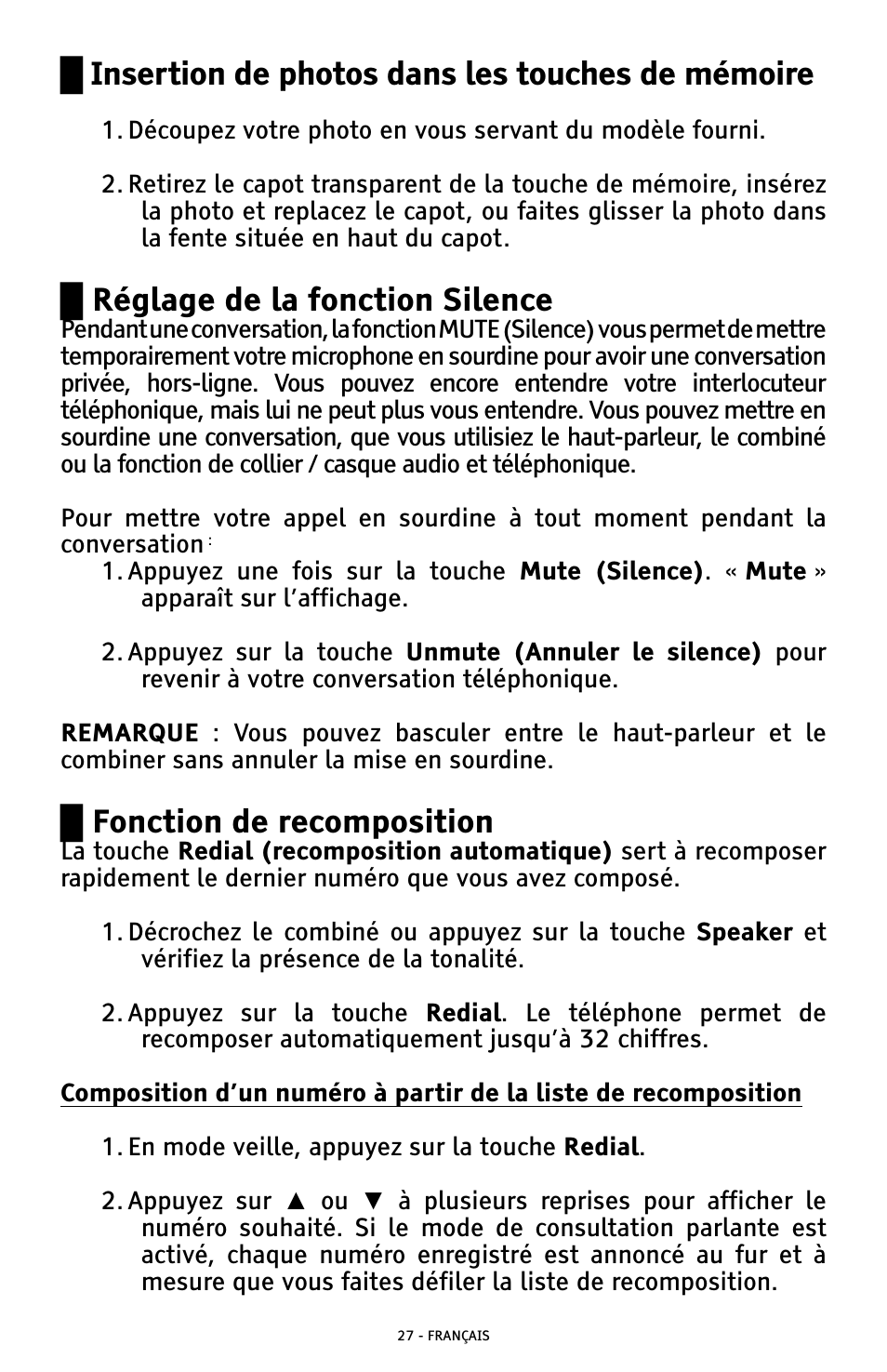 Ű insertion de photos dans les touches de mémoire, Ű réglage de la fonction silence, Ű fonction de recomposition | ClearSounds AMPLIFIED FREEDOM PHONE WITH FULL CLEARDIGITAL POWER CSC1000 User Manual | Page 147 / 180